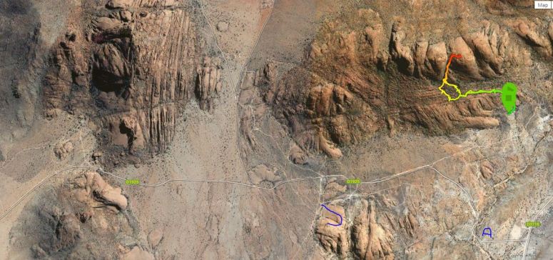 Spitzkoppe Overview showing the Swakop scramble in blue, Pontok 3 in multi colour and the A indicates the gate to the reserve